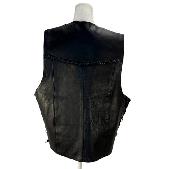 Black Leather Biker Vest with Braided Trim & Lace-Up Sides - Picture 7 of 7